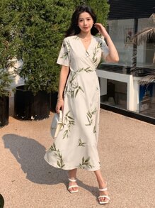 DAZY 植物印花斜襟领口系带裹身裙太阳裙，休闲女装 - 杏色 - 查看 8