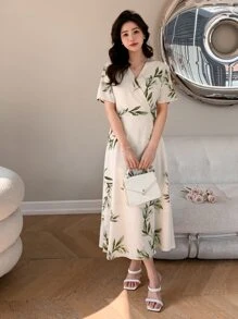 DAZY 植物印花斜襟领口系带裹身裙太阳裙，休闲女装 - 杏色 - 查看 7