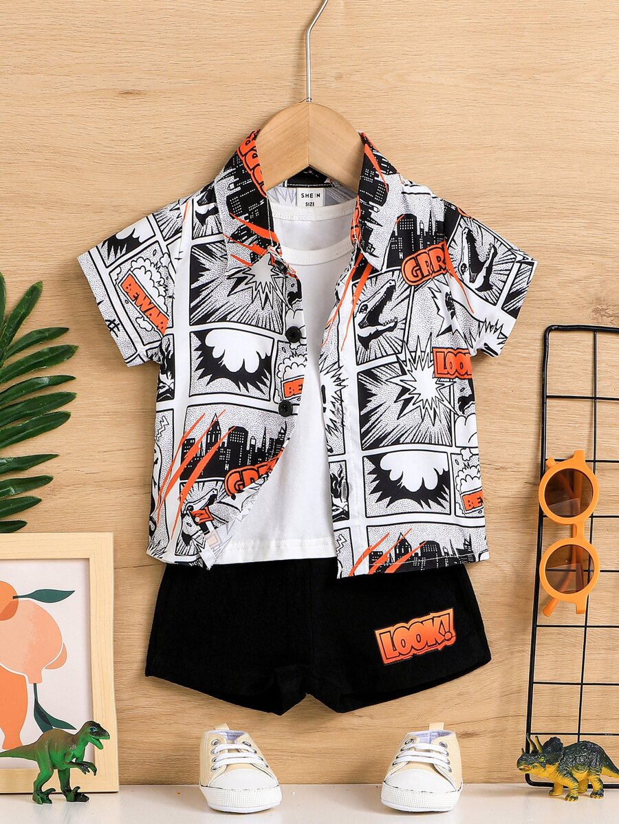Baby Boy Cartoon Print Shirt & Letter Graphic Shorts Without Tee - Black and White - View 1