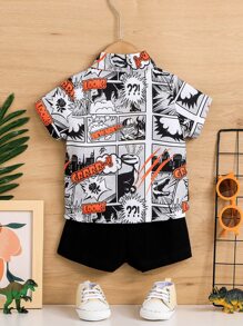 Baby Boy Cartoon Print Shirt & Letter Graphic Shorts Without Tee - Black and White - View 2