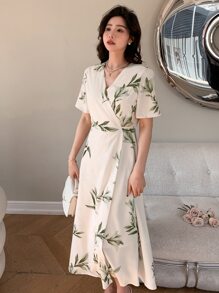 DAZY 植物印花斜襟领口系带裹身裙太阳裙，休闲女装 - 杏色 - 查看 5