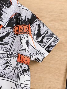 Baby Boy Cartoon Print Shirt & Letter Graphic Shorts Without Tee - Black and White - View 4