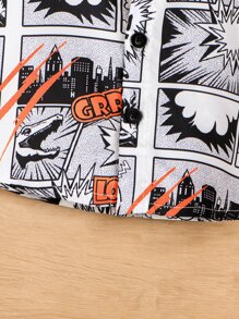 Baby Boy Cartoon Print Shirt & Letter Graphic Shorts Without Tee - Black and White - View 5