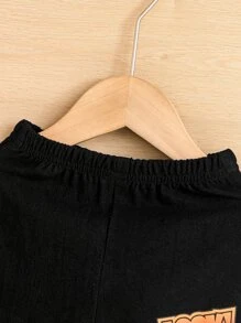 Baby Boy Cartoon Print Shirt & Letter Graphic Shorts Without Tee - Black and White - View 6