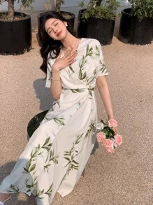 DAZY 植物印花斜襟领口系带裹身裙太阳裙，休闲女装 - 杏色 - 查看 6