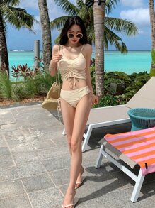 DAZY 實心系帶前夏季沙灘比基尼套裝 - 杏色 - 查看 8