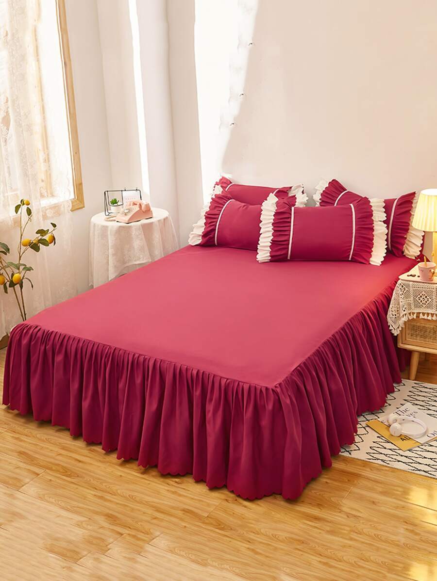 1入組素色紅色床裙現代織物荷葉邊裝飾床上用品床裙四季皆宜 - 玫瑰紅 - 查看 1