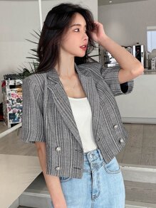 DAZY Striped Print Lapel Neck Crop Blazer - Grey - View 1