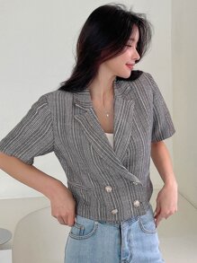 DAZY Striped Print Lapel Neck Crop Blazer - Grey - View 5