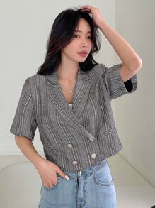 DAZY Striped Print Lapel Neck Crop Blazer - Grey - View 6