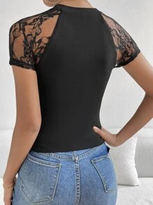 SHEIN Privé 蕾絲拼接插肩袖T恤 - 黑色 - 查看 2