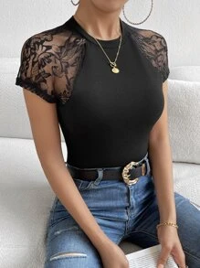 SHEIN Privé 蕾絲拼接插肩袖T恤 - 黑色 - 查看 3