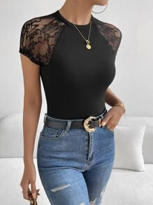 SHEIN Privé 蕾絲拼接插肩袖T恤 - 黑色 - 查看 4