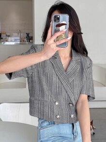 DAZY Striped Print Lapel Neck Crop Blazer - Grey - View 7