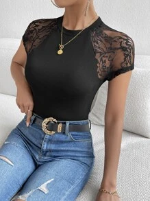 SHEIN Privé 蕾絲拼接插肩袖T恤 - 黑色 - 查看 5