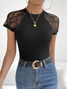 SHEIN Privé 蕾絲拼接插肩袖T恤 - 黑色 - 查看 6