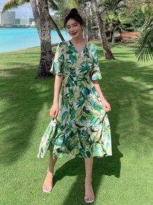 DAZY Đầm Thắt lưng Viên lá sen Trọn gói Nhiệt đới Boho - màu xanh lá - Xem 1