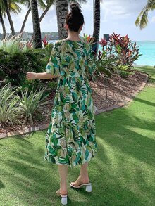 DAZY Đầm Thắt lưng Viên lá sen Trọn gói Nhiệt đới Boho - màu xanh lá - Xem 2