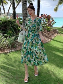 DAZY Đầm Thắt lưng Viên lá sen Trọn gói Nhiệt đới Boho - màu xanh lá - Xem 3