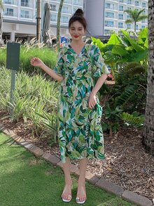 DAZY Đầm Thắt lưng Viên lá sen Trọn gói Nhiệt đới Boho - màu xanh lá - Xem 4