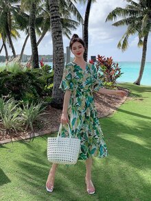 DAZY Đầm Thắt lưng Viên lá sen Trọn gói Nhiệt đới Boho - màu xanh lá - Xem 5