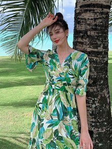 DAZY Đầm Thắt lưng Viên lá sen Trọn gói Nhiệt đới Boho - màu xanh lá - Xem 8