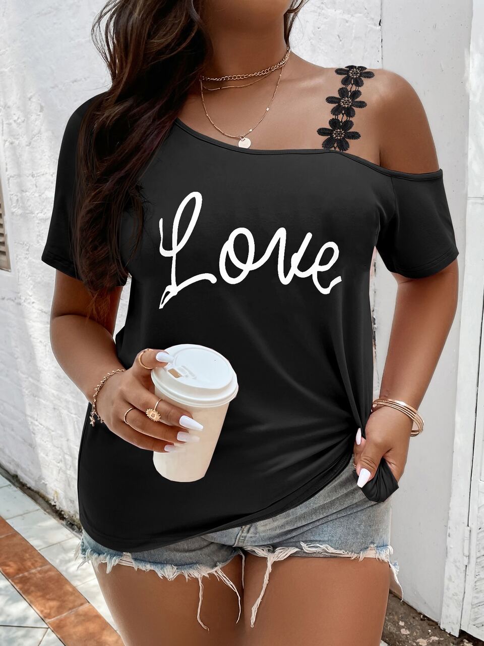 Plus Letter Graphic Asymmetrical Neck Tee Graphic Tees Women Tops