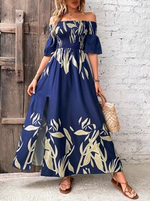 Breezaya Đầm Maxi hở vai xẻ đùi in họa tiết cây cối trang phục đi biển cho nữ - Màu xanh lam - Xem 1