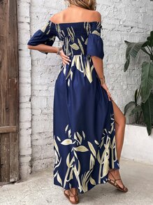 Breezaya Đầm Maxi hở vai xẻ đùi in họa tiết cây cối trang phục đi biển cho nữ - Màu xanh lam - Xem 2