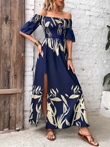 Breezaya Đầm Maxi hở vai xẻ đùi in họa tiết cây cối trang phục đi biển cho nữ - Màu xanh lam - Xem 3