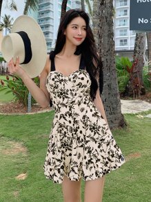 DAZY Phụ nữ một mảnh Thắt nút Hoa Thực vật Tất cả trên in Giải trí - Đen và trắng - Xem 5