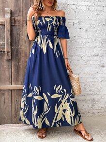 Breezaya Đầm Maxi hở vai xẻ đùi in họa tiết cây cối trang phục đi biển cho nữ - Màu xanh lam - Xem 5