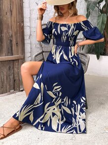 Breezaya Đầm Maxi hở vai xẻ đùi in họa tiết cây cối trang phục đi biển cho nữ - Màu xanh lam - Xem 7