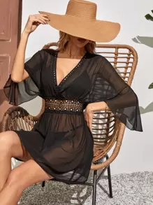 Vestido de cubrir con encaje de contraste, para vacaciones de verano en la playa - Negro - Ver 1