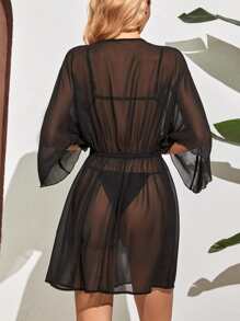 Vestido de cubrir con encaje de contraste, para vacaciones de verano en la playa - Negro - Ver 2