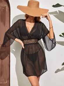 Vestido de cubrir con encaje de contraste, para vacaciones de verano en la playa - Negro - Ver 5