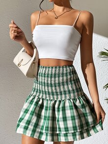 SHEIN VCAY Tartan Ruffle Hem Shirred Waist Skirt - Multicolor - View 3