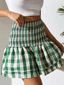 SHEIN VCAY Tartan Ruffle Hem Shirred Waist Skirt - Multicolor - View 4