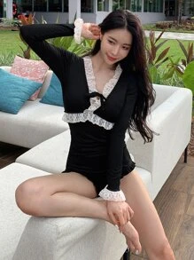 DAZY Contrast Lace Ruffle Trim One Piece Swimsuit - Black - View 3