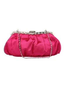 de satén con diseño de diamante de imitación Bolso fruncido clip superior Bolso de noche para fiesta - Rosa Fucsia - Ver 1