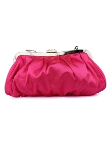 de satén con diseño de diamante de imitación Bolso fruncido clip superior Bolso de noche para fiesta - Rosa Fucsia - Ver 2