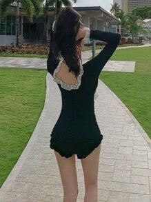 DAZY Contrast Lace Ruffle Trim One Piece Swimsuit - Black - View 4