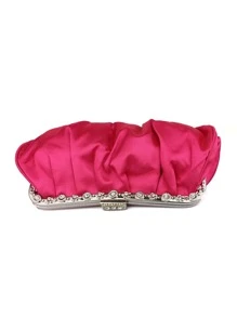 de satén con diseño de diamante de imitación Bolso fruncido clip superior Bolso de noche para fiesta - Rosa Fucsia - Ver 6