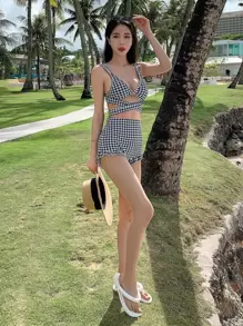 千鸟格印花比基尼套装，交叉绑带露背上衣搭配荷叶边短裤，两件套泳衣，夏季沙滩女装，坦克比基尼泳衣，节日度假装扮 - 黑與白 - 查看 8