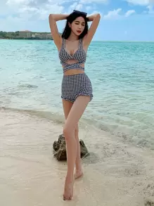 千鸟格印花比基尼套装，交叉绑带露背上衣搭配荷叶边短裤，两件套泳衣，夏季沙滩女装，坦克比基尼泳衣，节日度假装扮 - 黑與白 - 查看 9