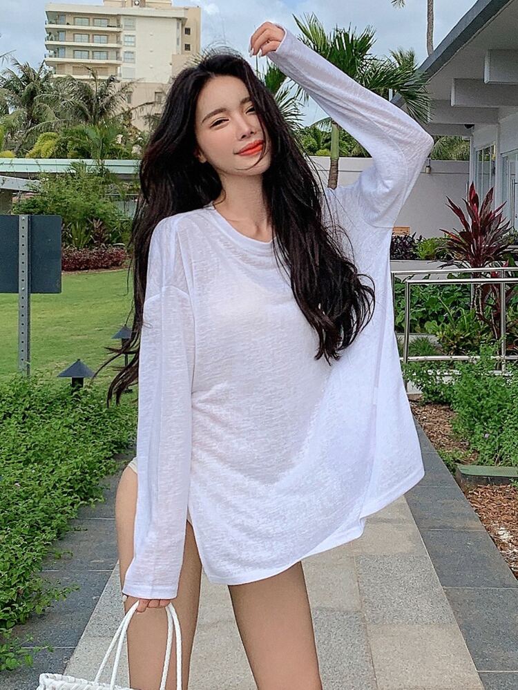 Solid Split Hem Drop Shoulder Cover Up Summer,Beach Women Outfits