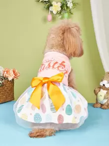 1件宠物狗连衣裙，复活节彩蛋蝴蝶结印花，适合小型/中型犬猫，节日宠物服装，复活节礼物 - 粉色 - 查看 3