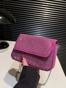 Studded Decor Flap Chain Saddle Bag - Purple - View 1