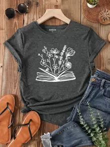 SHEIN LUNE Book And Floral Print Tee - Dark Grey - View 1