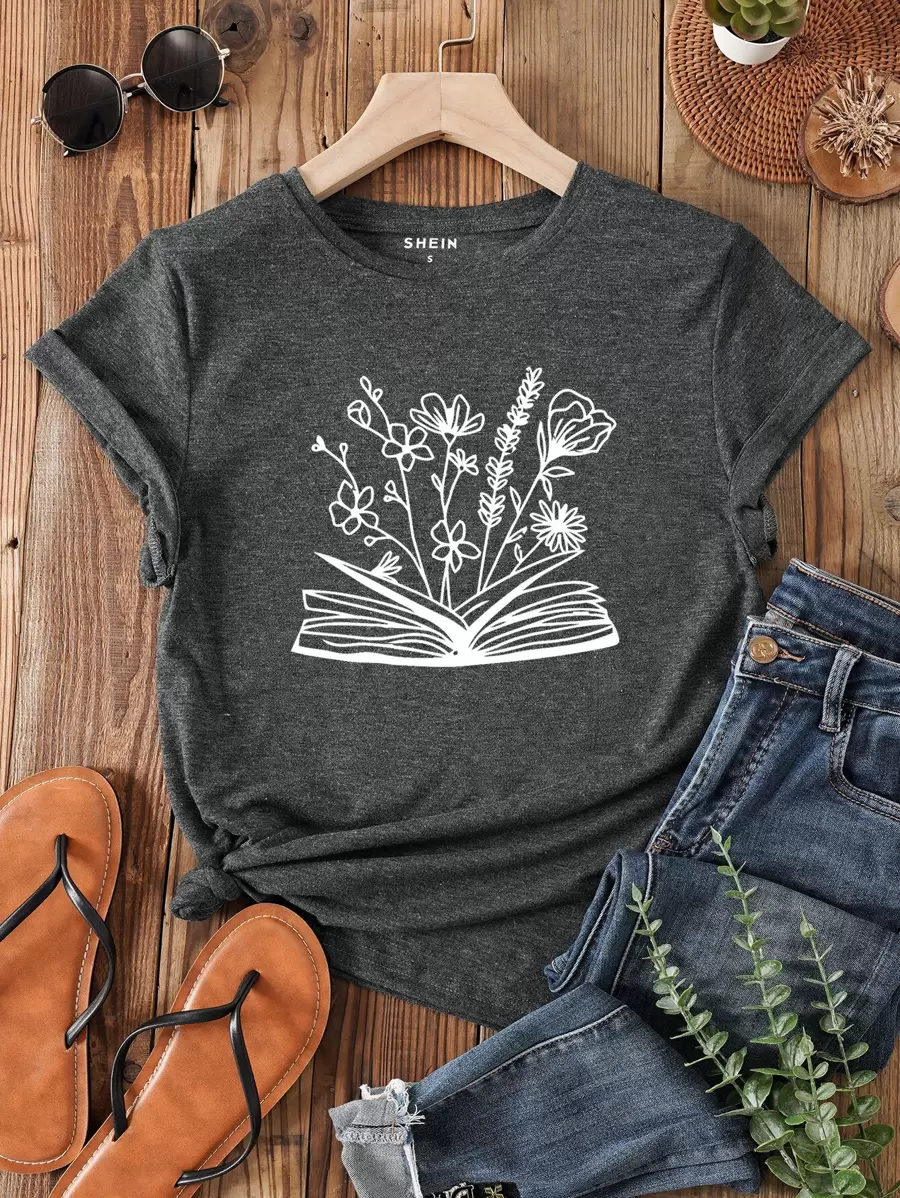 SHEIN LUNE Book And Floral Print Tee - Dark Grey - View 1